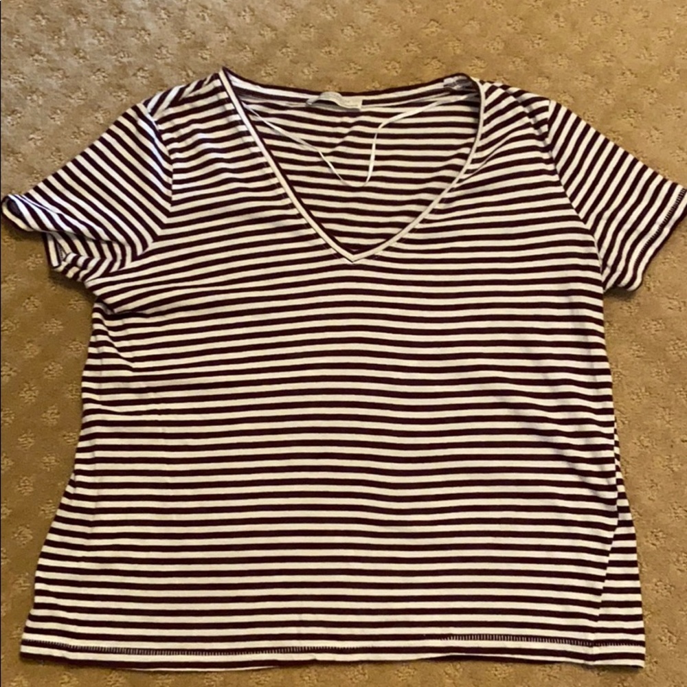 Zara Burgundy and White Striped V-neck (size M)